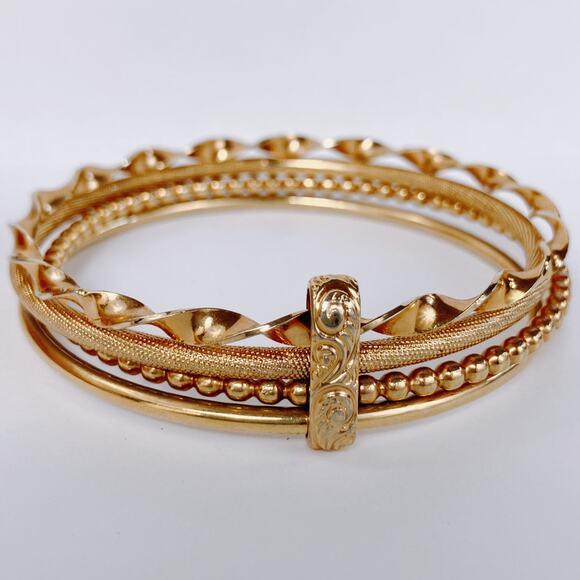 VTG 1980s Bangle Gold Tone Fixed Triple Bracelet Textured Layered Design - Picture 8 of 11